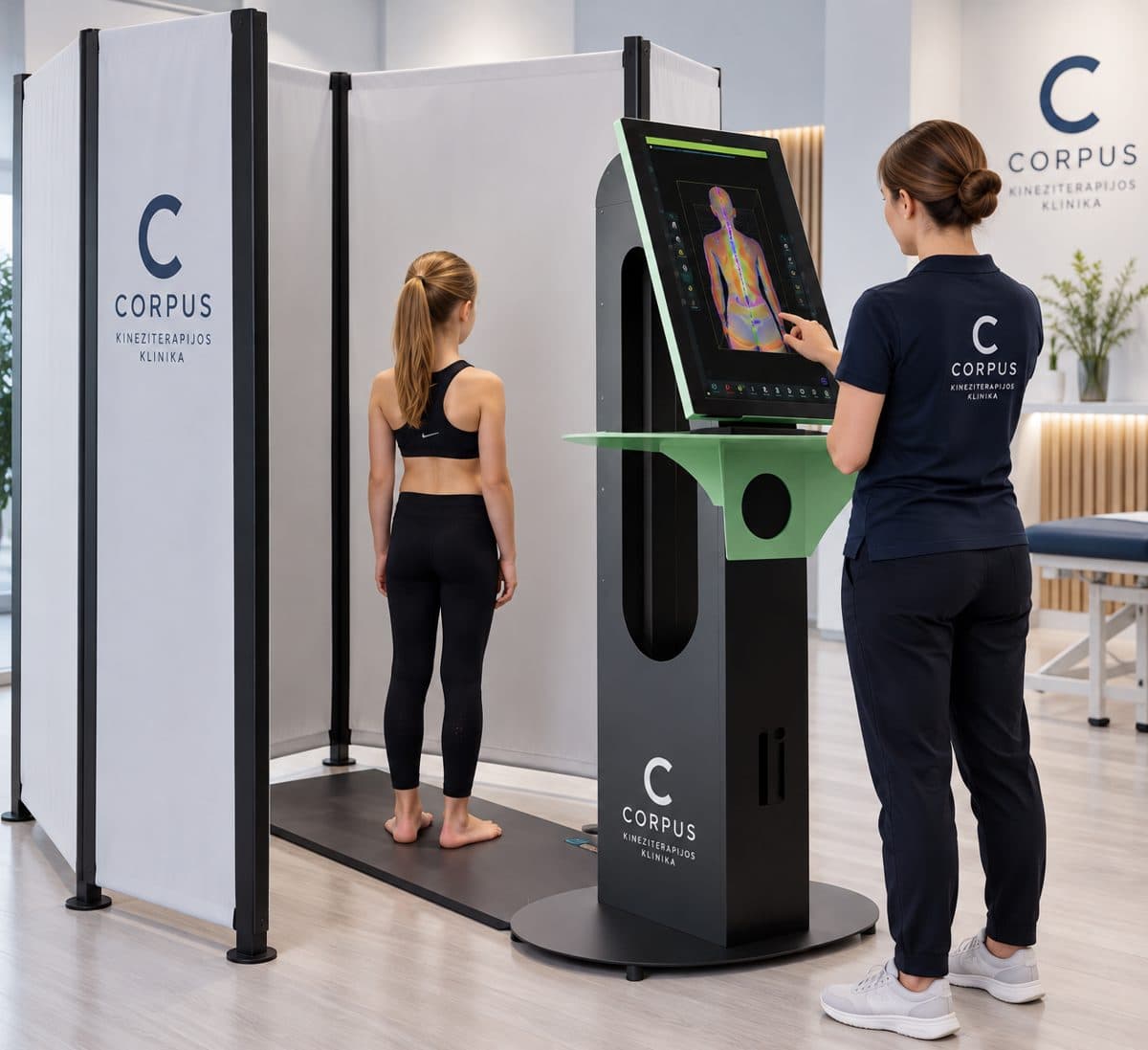 Specialistė valdo Spine 3D skenerį, vaikas stovi nugara į kamerą Corpus Clinic patalpose