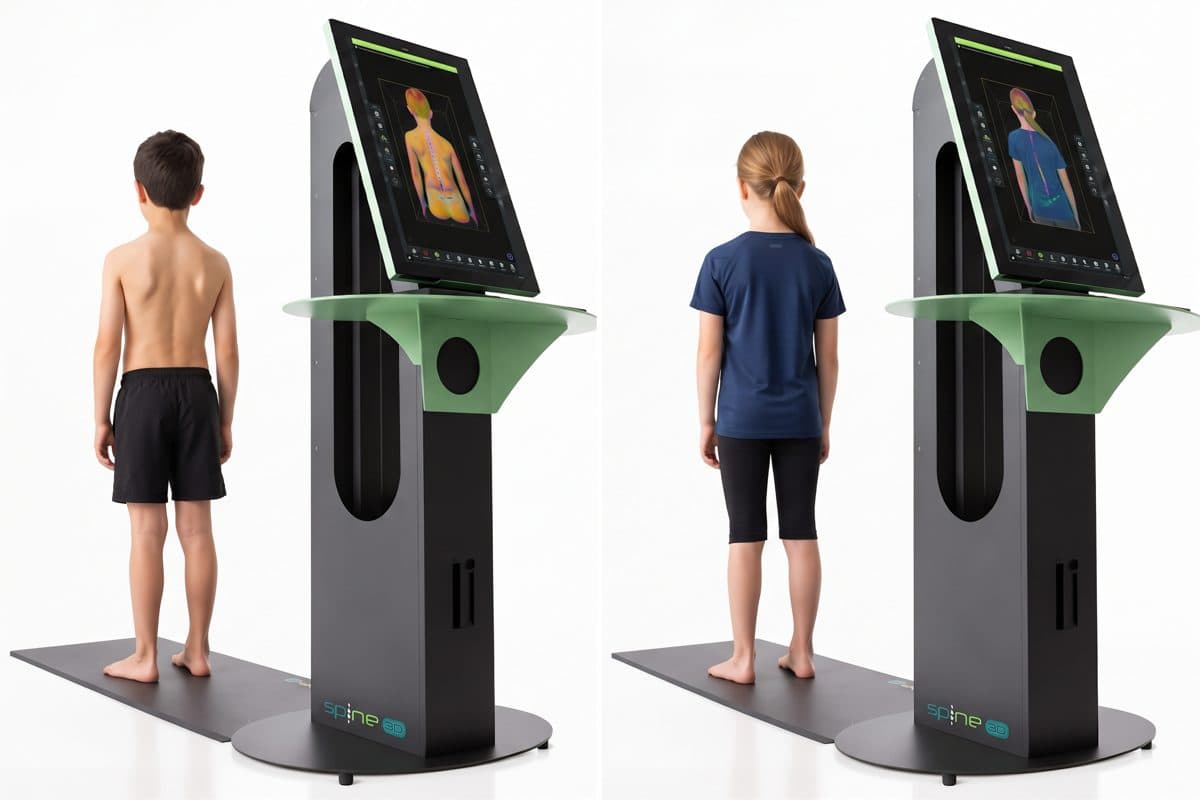 Spine 3D skeneris: berniukas be marškinėlių ir mergaitė su marškinėliais stovi nugara į skenerį